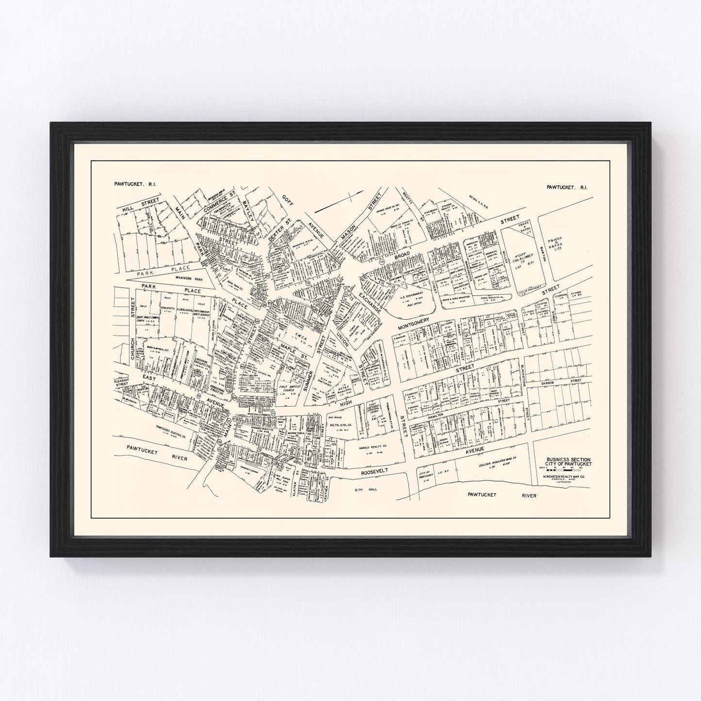 Vintage map of Pawtucket, Rhode Island business section, 1946