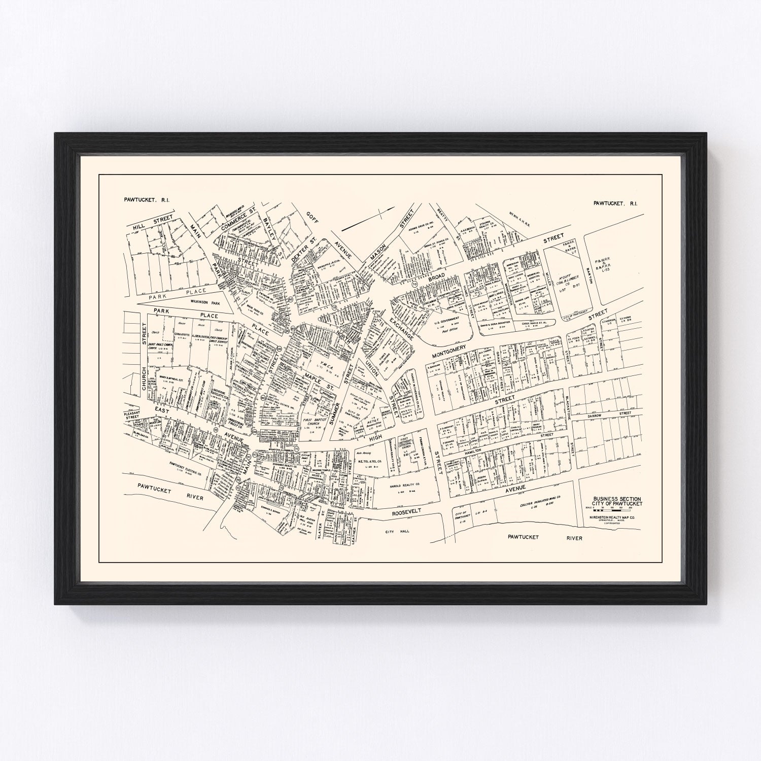 Vintage map of Pawtucket, Rhode Island business section, 1946