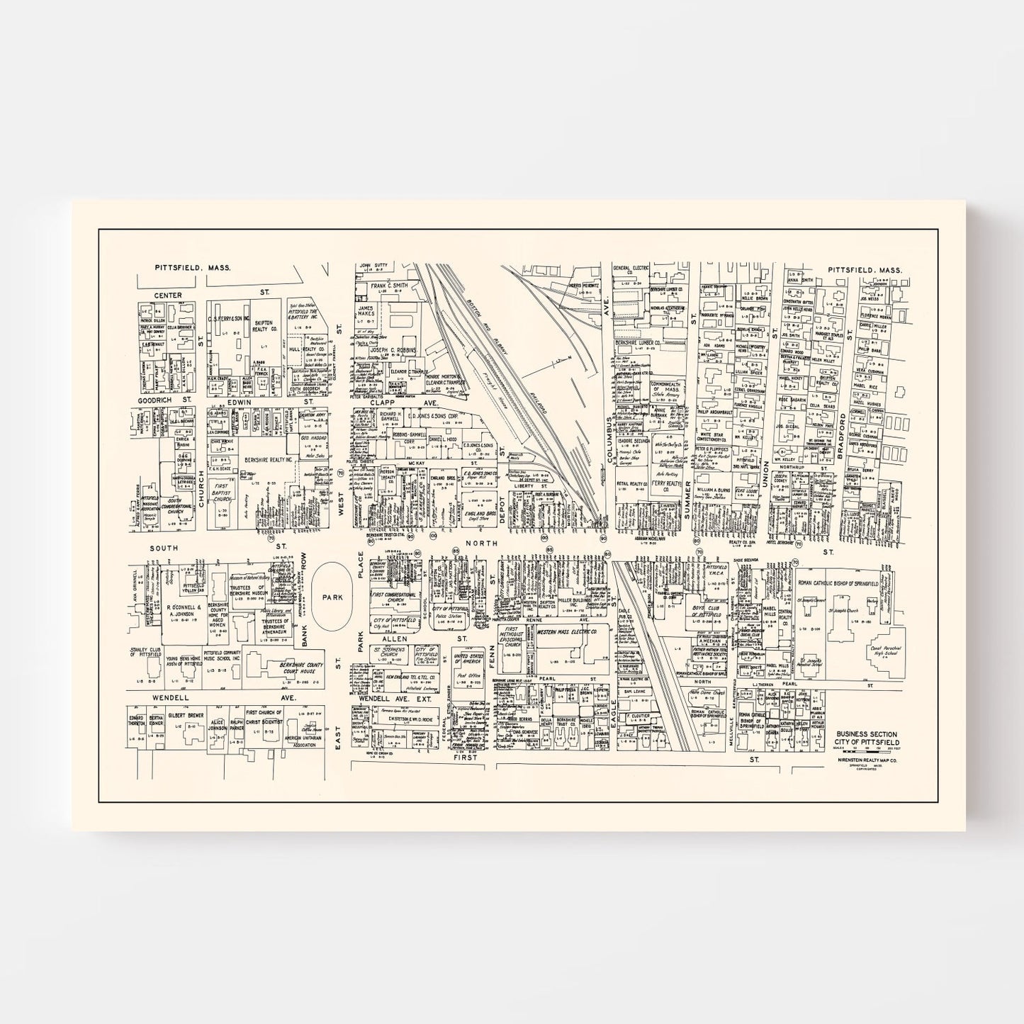 Vintage Map of Pittsfield, Massachusetts Business Section, 1946