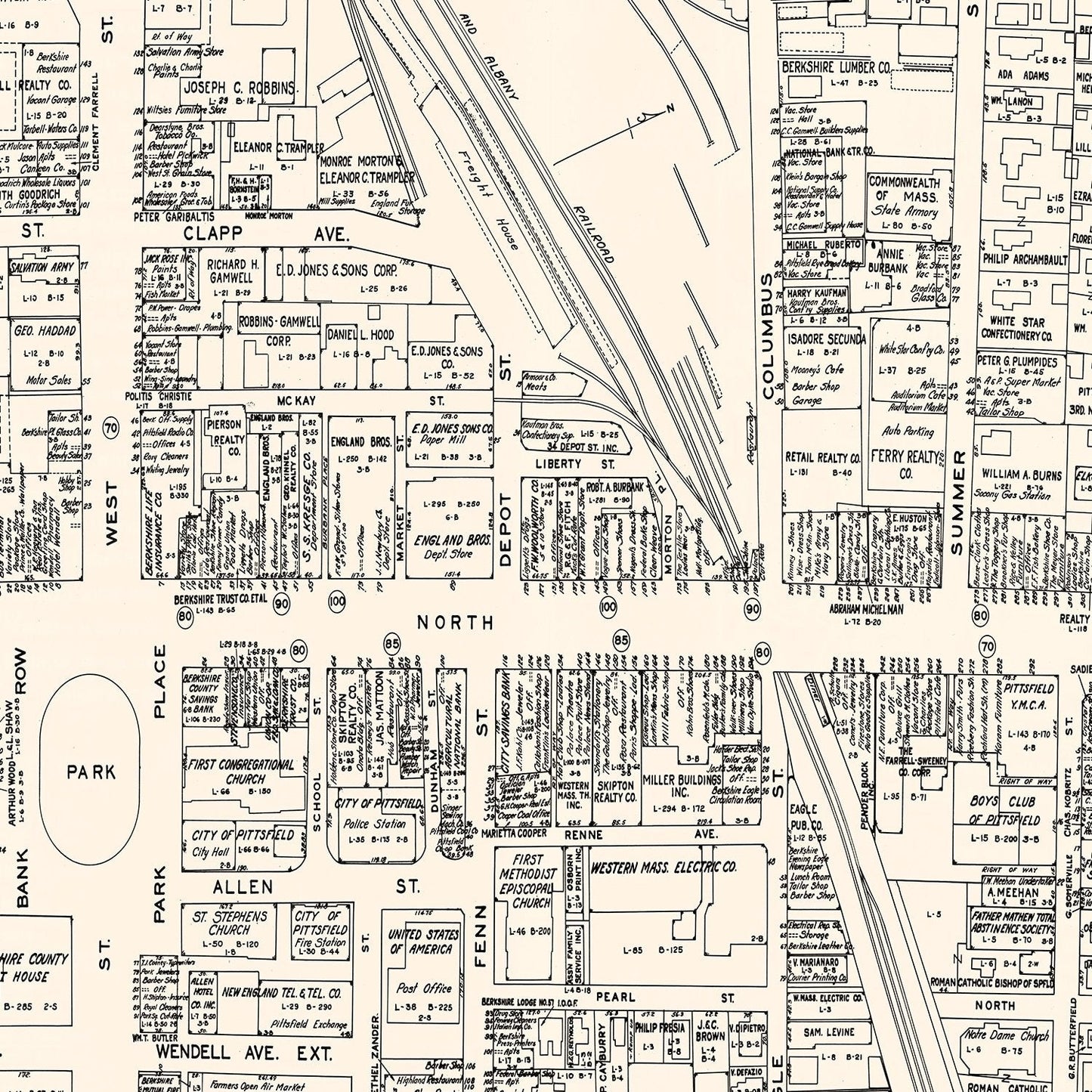 Vintage Map of Pittsfield, Massachusetts Business Section, 1946