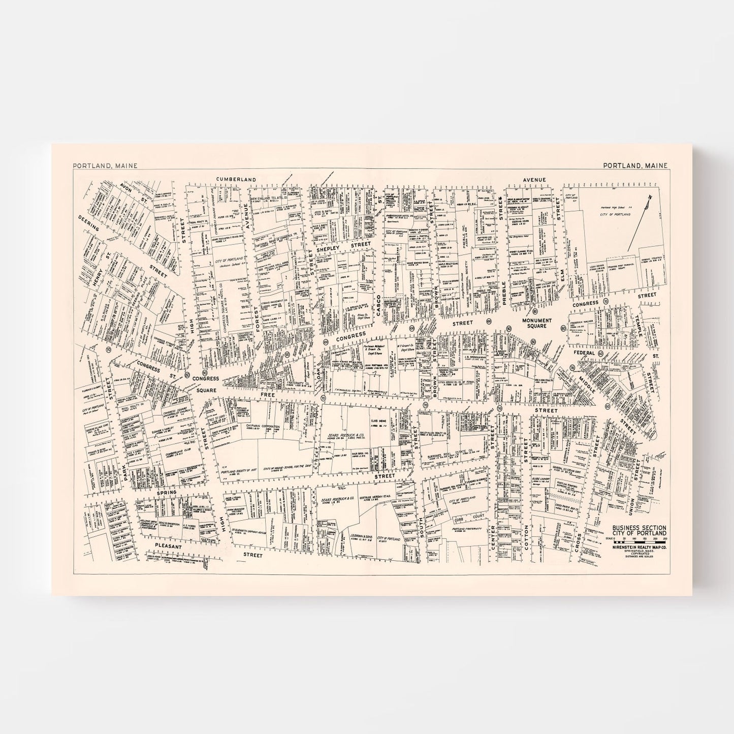 Vintage Map of Portland, ME Business Section, 1946