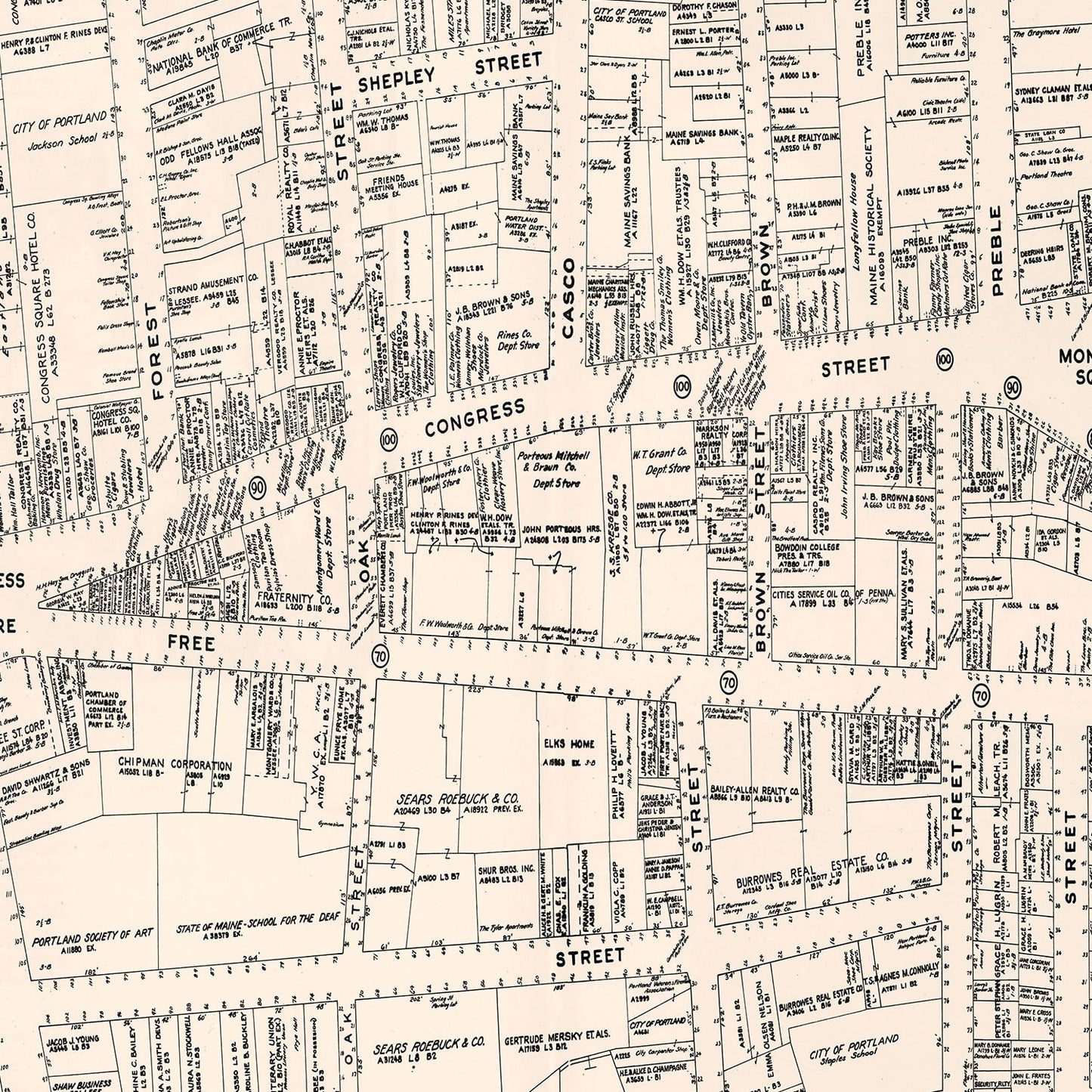 Vintage Map of Portland, ME Business Section, 1946