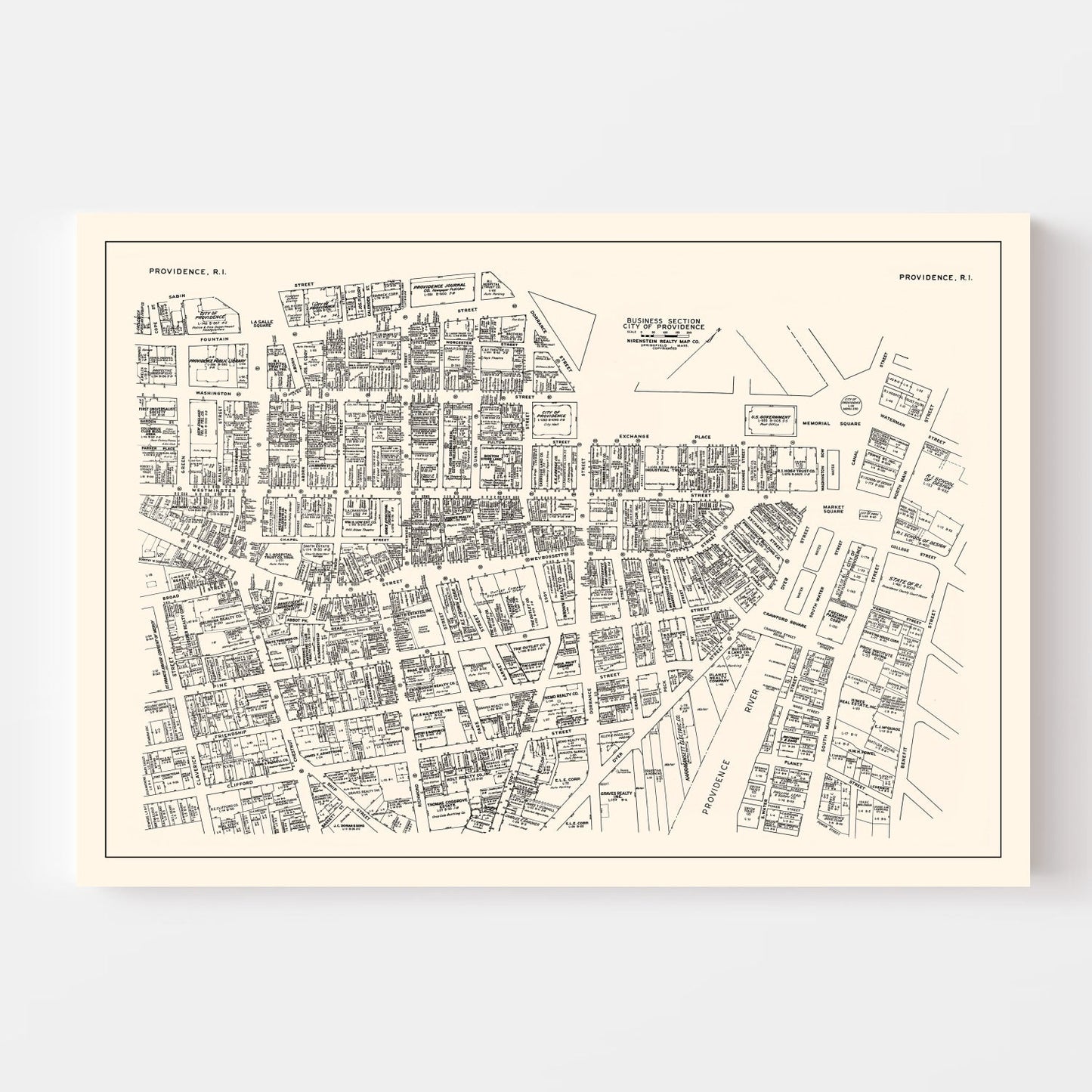 Vintage Map of Providence, RI Business Section, 1946