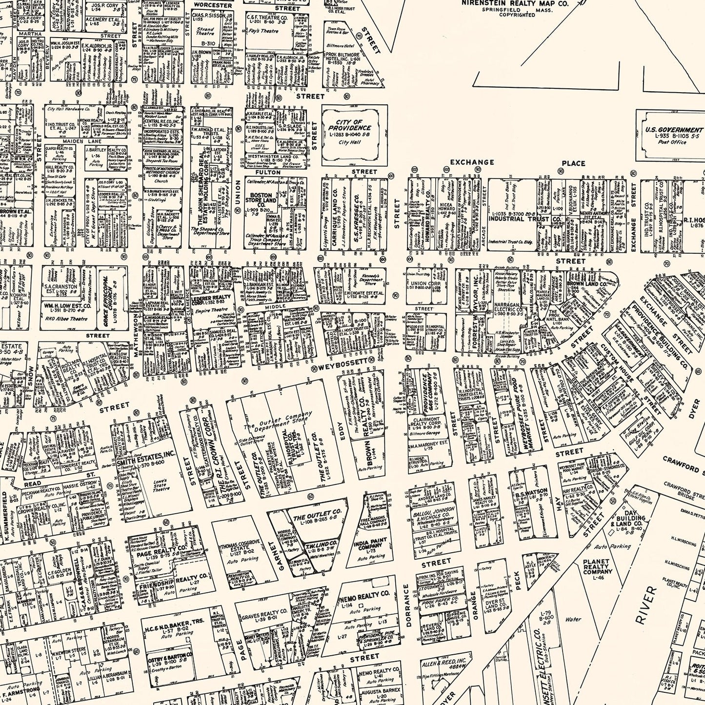 Vintage Map of Providence, RI Business Section, 1946