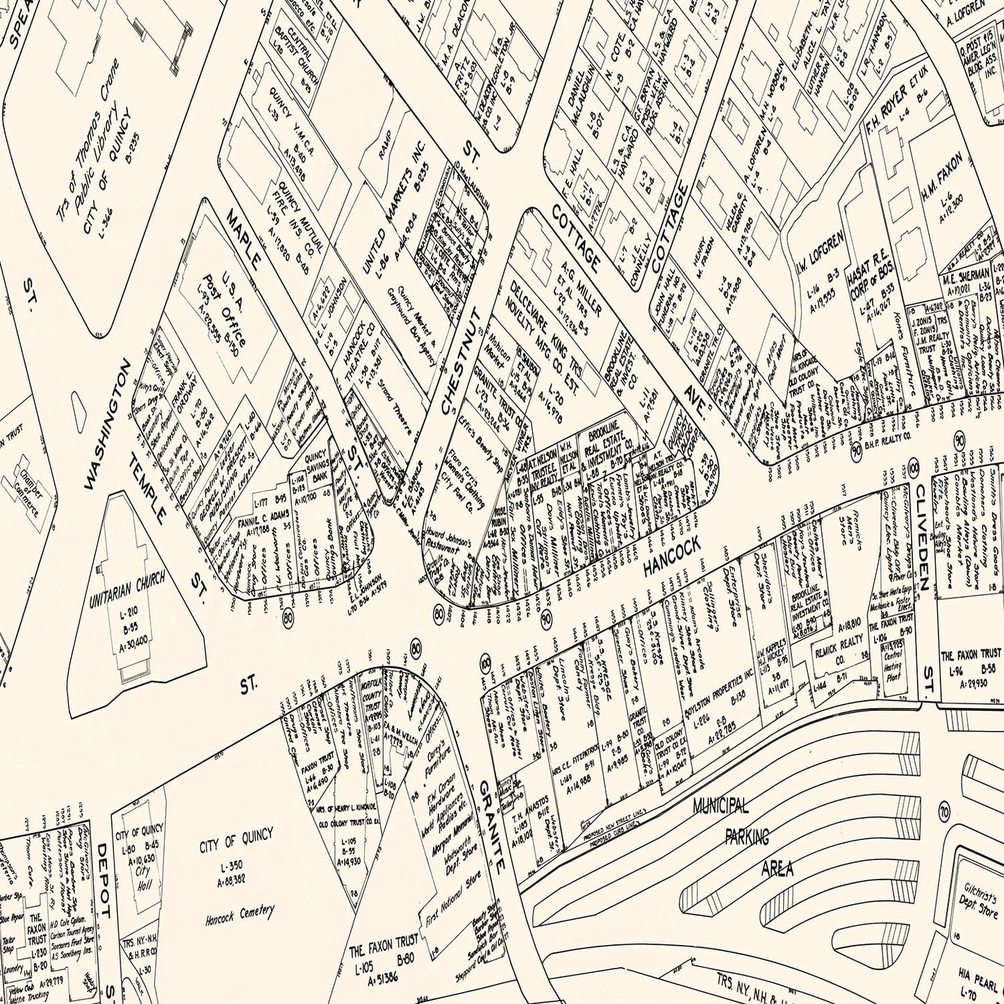 Vintage Map of Quincy, Massachusetts Business Section, 1946