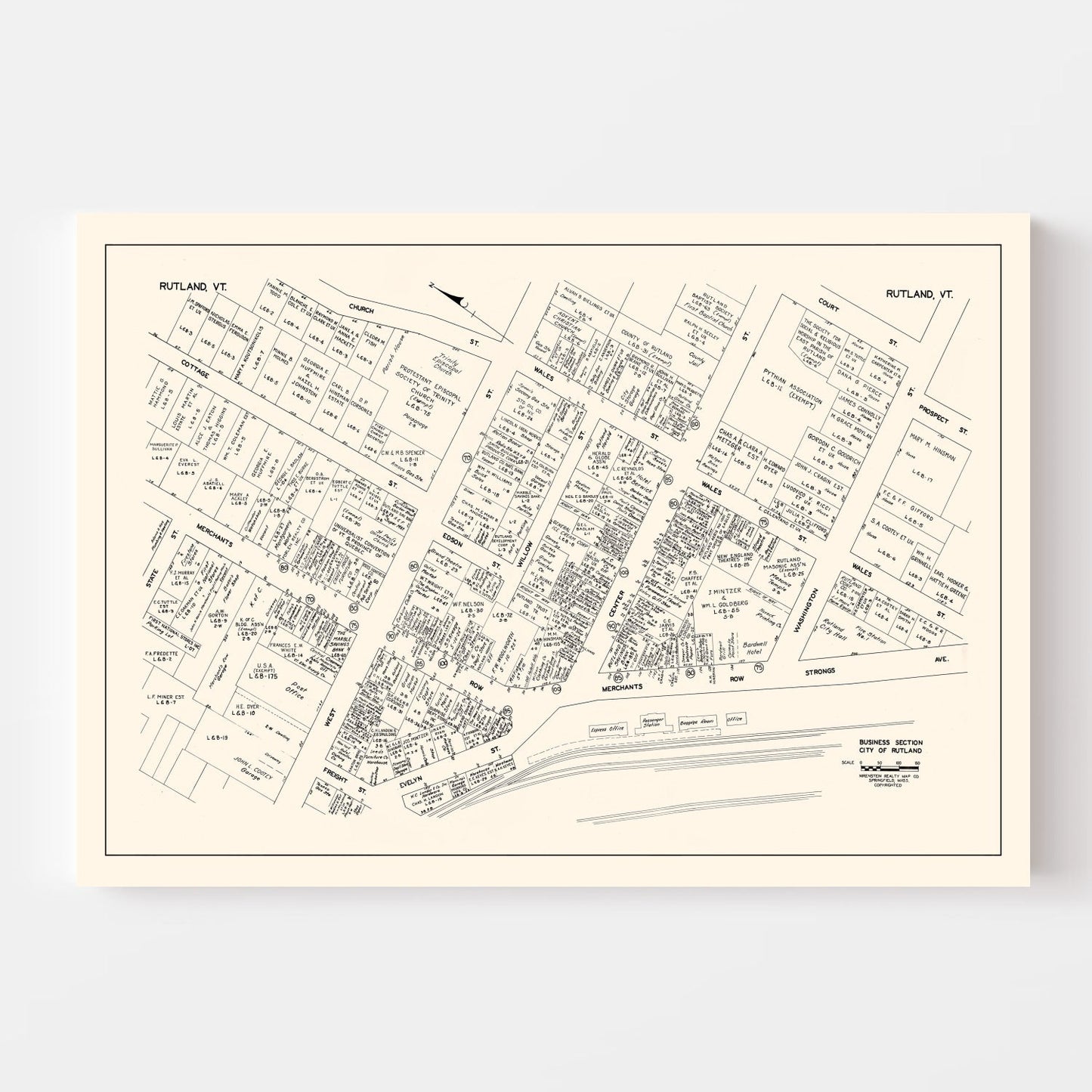 Vintage Map of Rutland, Vermont Business Section, 1946
