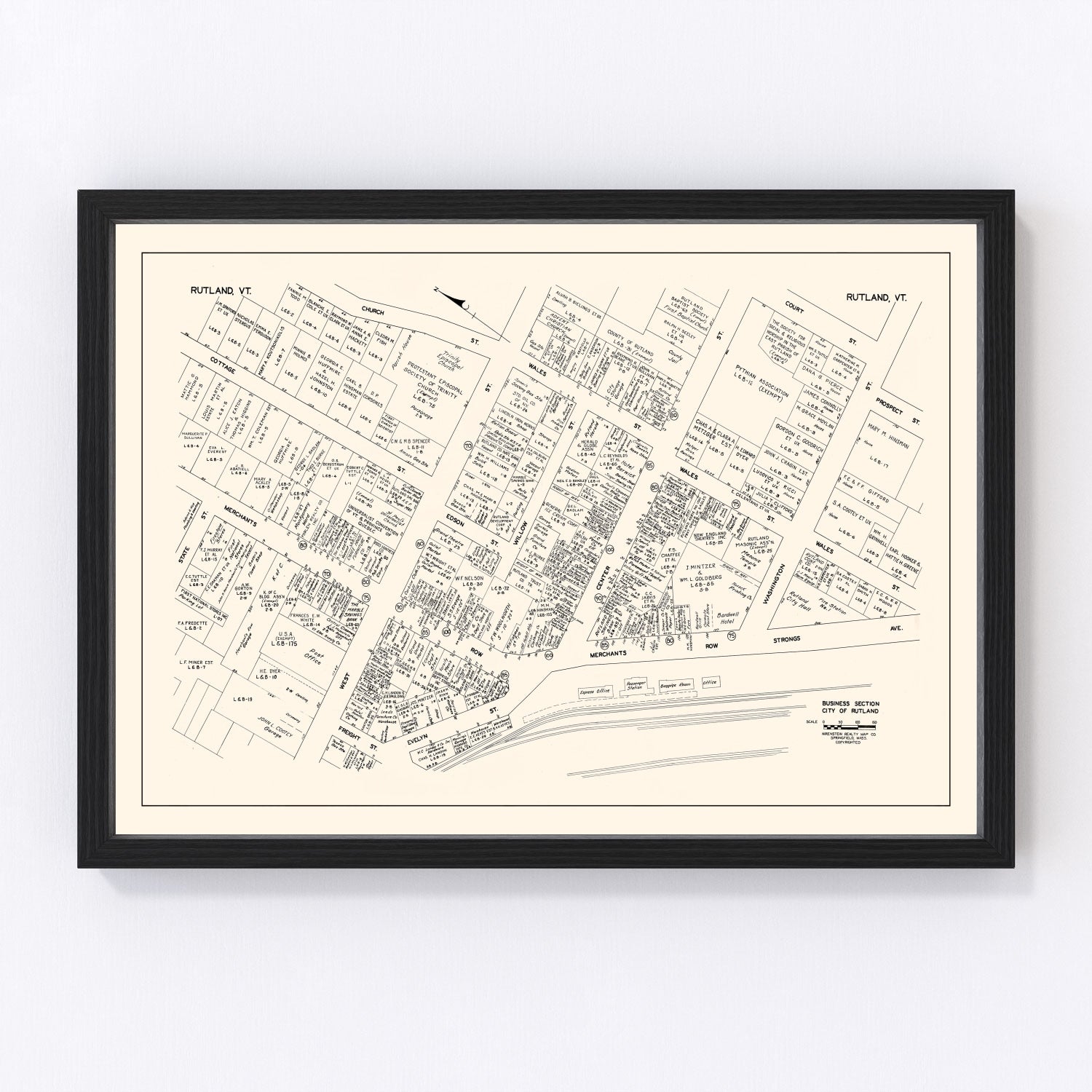 Vintage map of Rutland, Vermont business section, 1946