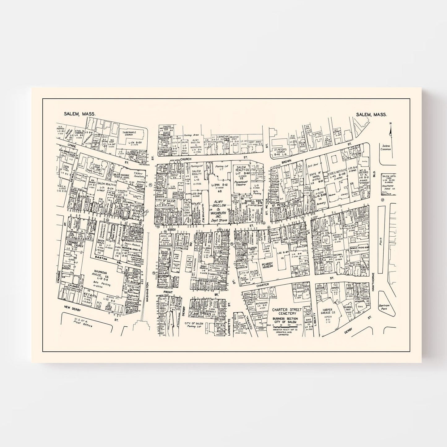 Vintage Map of Salem Business Section, Massachusetts, 1946