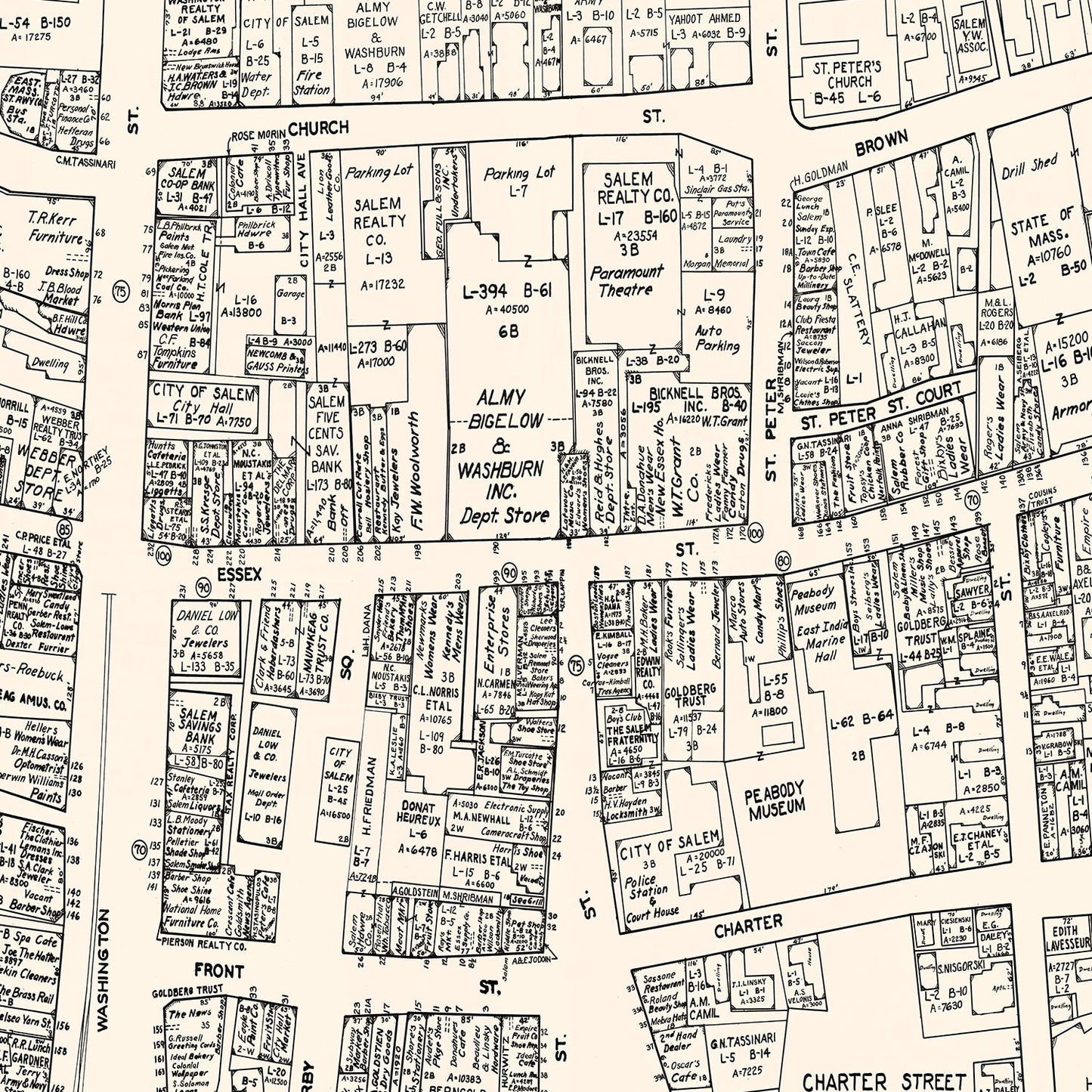 Vintage Map of Salem Business Section, Massachusetts, 1946