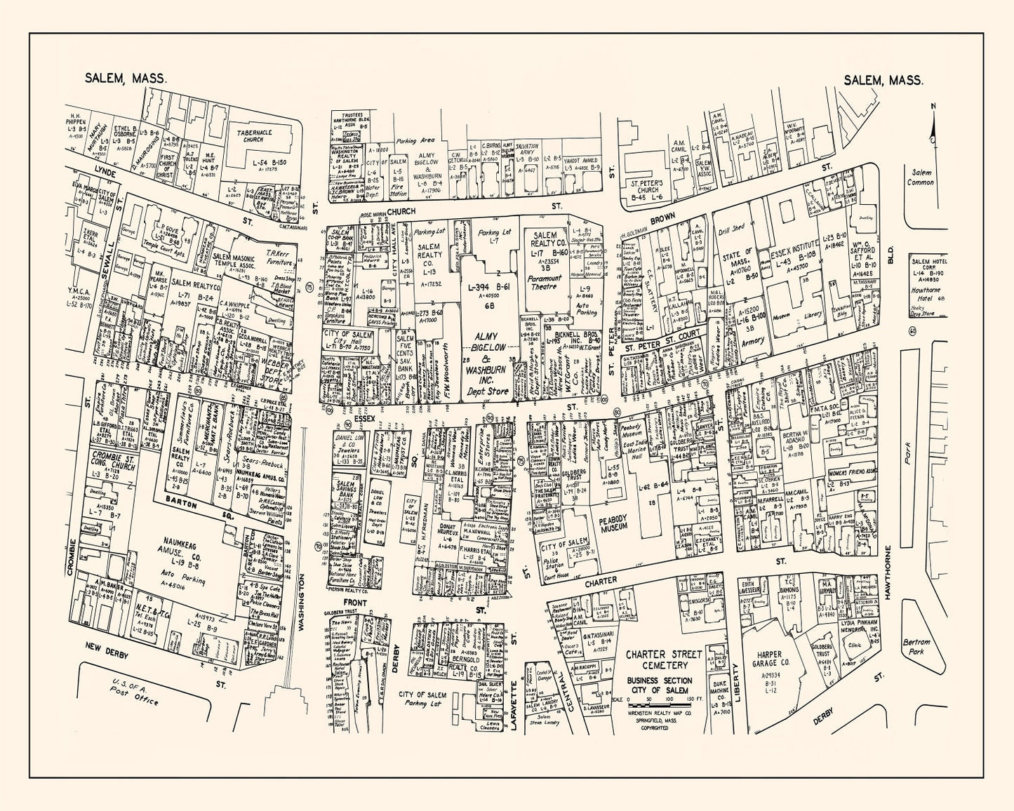 Vintage Map of Salem Business Section, Massachusetts, 1946