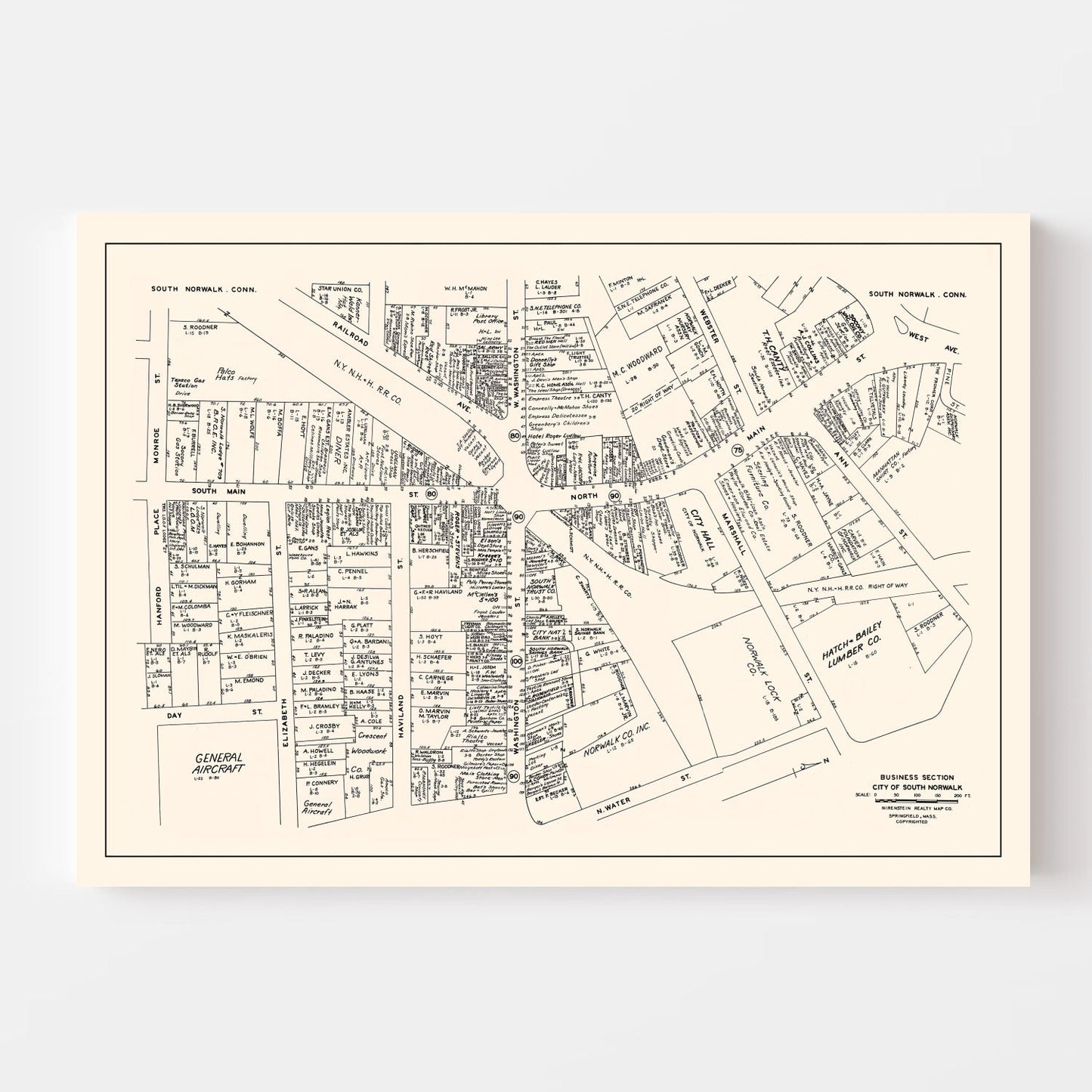 Vintage Map of South Norwalk, Connecticut Business Section, 1946