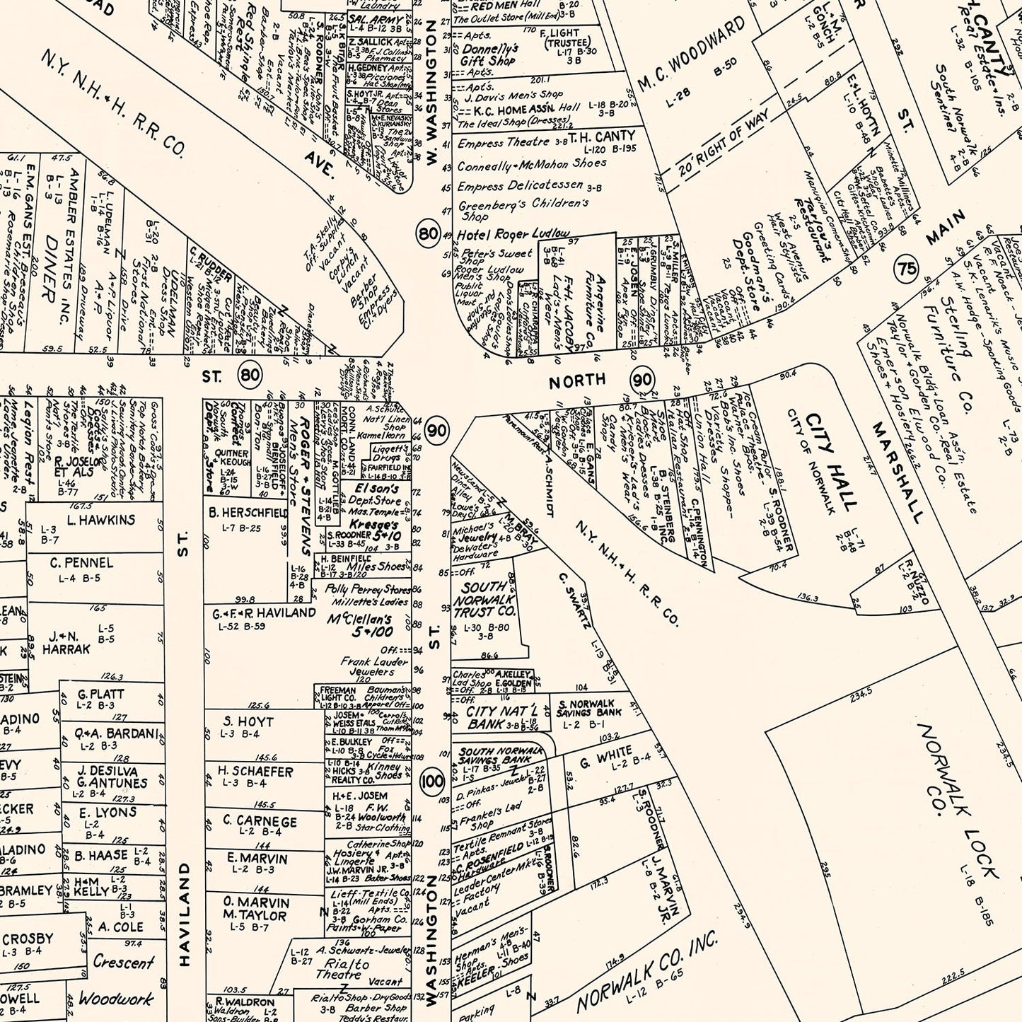 Vintage Map of South Norwalk, Connecticut Business Section, 1946