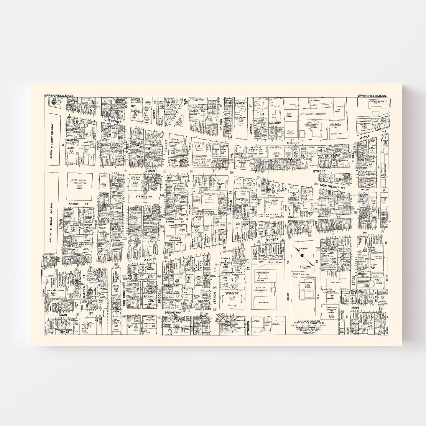 Vintage Map of Springfield, Massachusetts Business Section, 1946