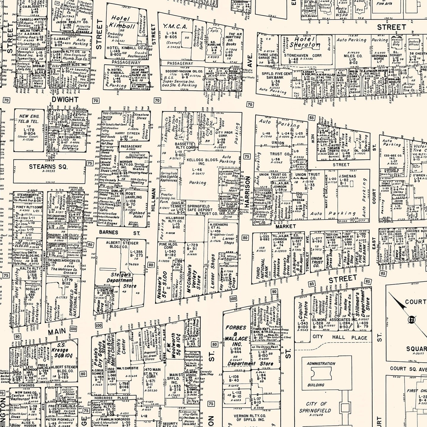 Vintage Map of Springfield, Massachusetts Business Section, 1946