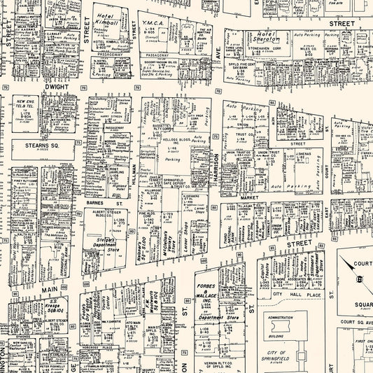 Vintage Map of Springfield, Massachusetts Business Section, 1946