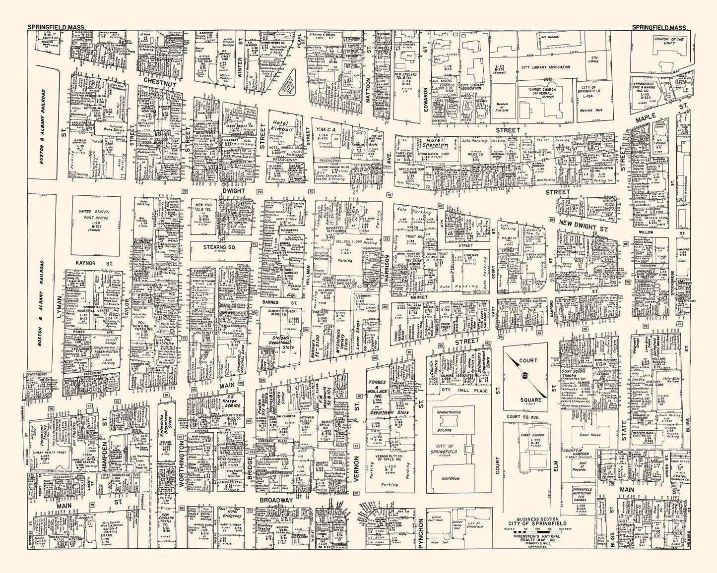 Vintage Map of Springfield, Massachusetts Business Section, 1946