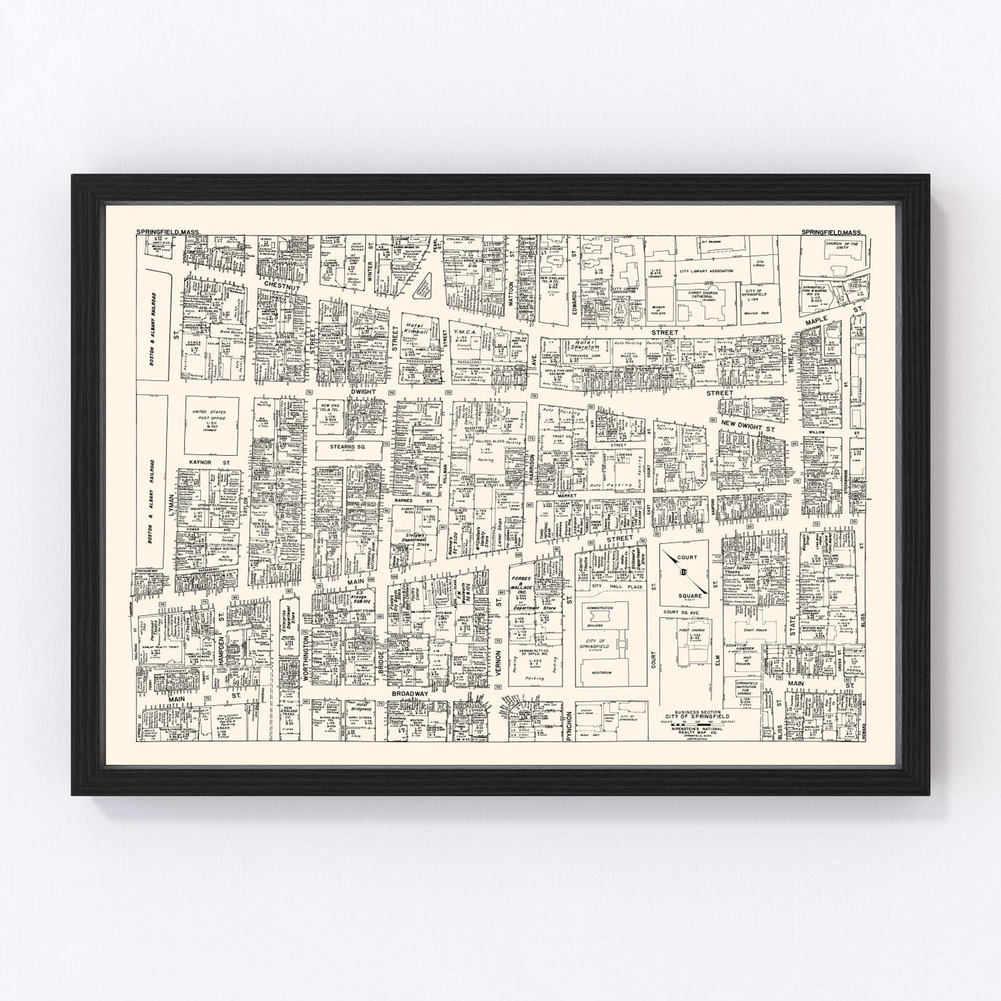 vintage map of Springfield, Massachusetts business section, 1946