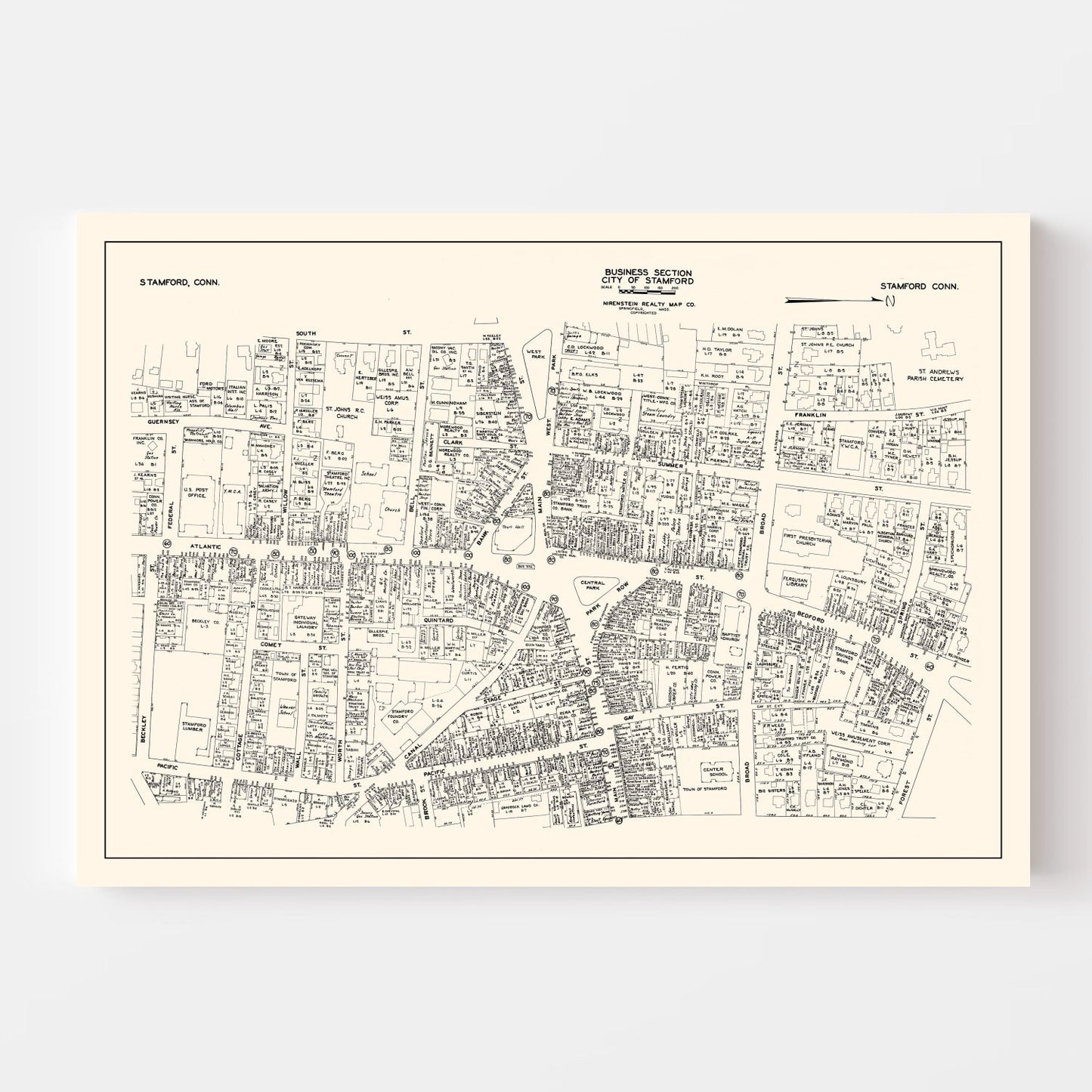 Vintage Map of Stamford, Connecticut Business Section, 1946