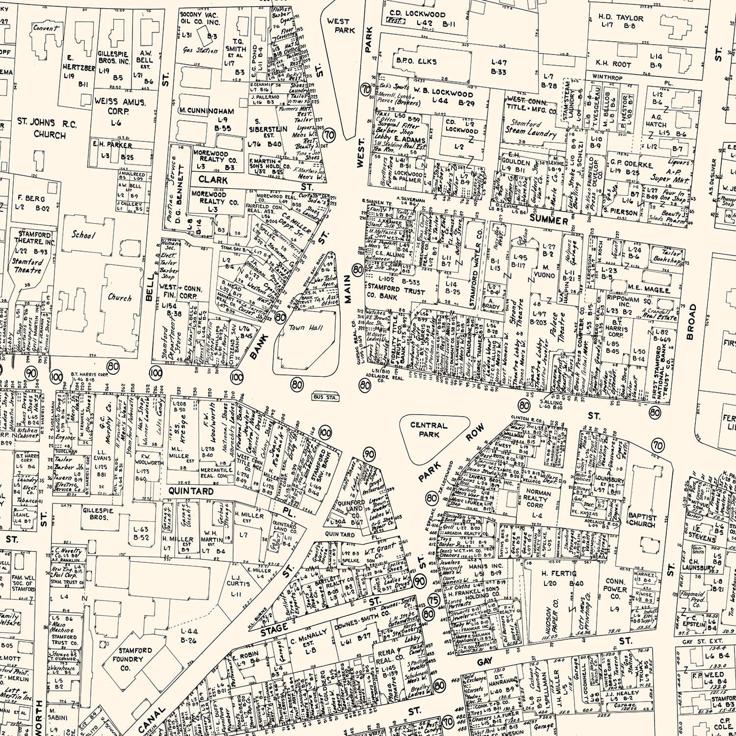 Vintage Map of Stamford, Connecticut Business Section, 1946