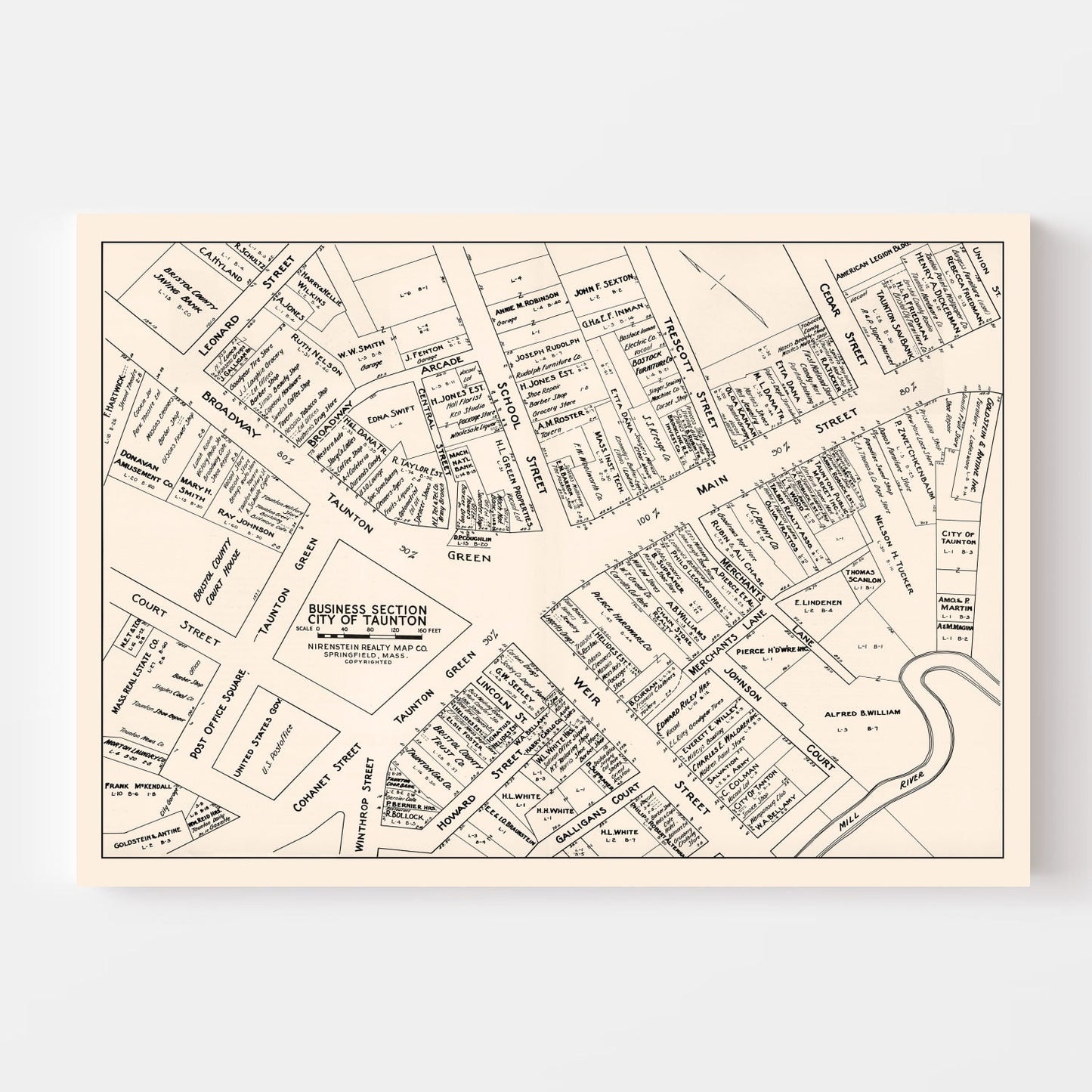 Vintage Map of Taunton, Massachusetts Business Section, 1946