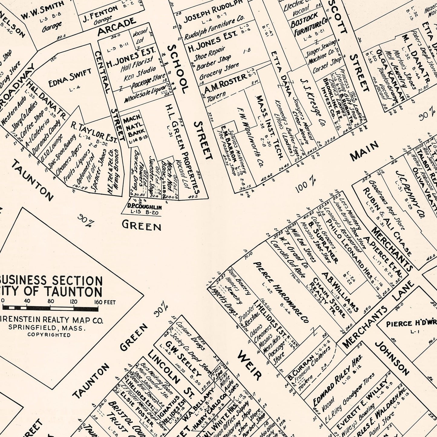 Vintage Map of Taunton, Massachusetts Business Section, 1946