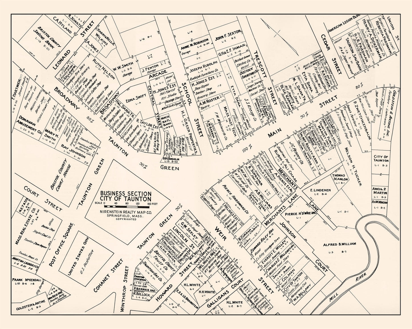 Vintage Map of Taunton, Massachusetts Business Section, 1946