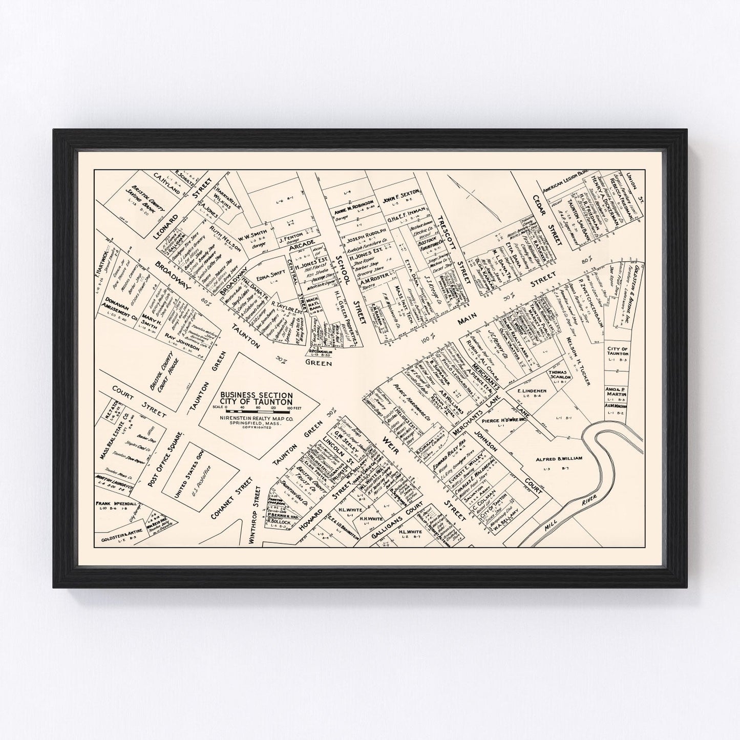 vintage map of Taunton, Massachusetts business section, 1946
