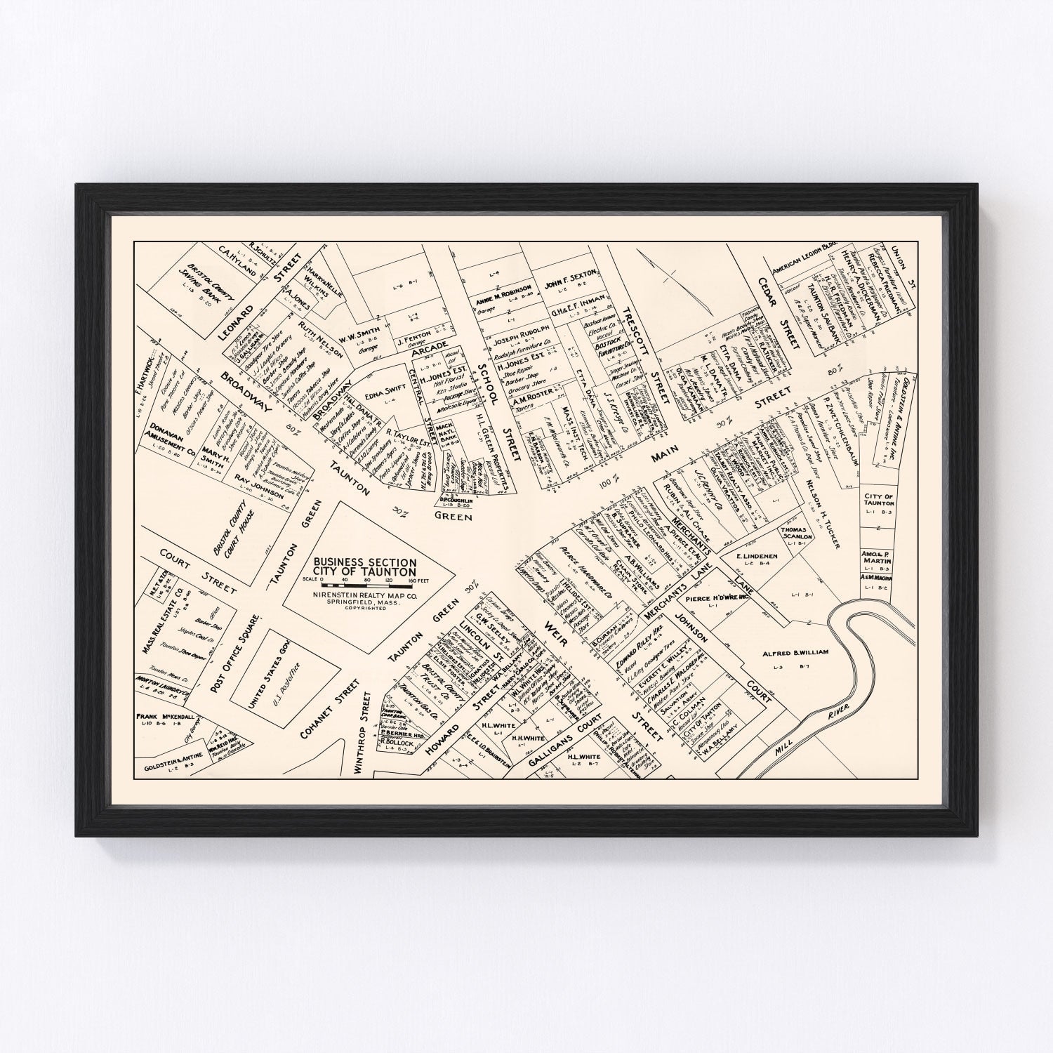 vintage map of Taunton, Massachusetts business section, 1946