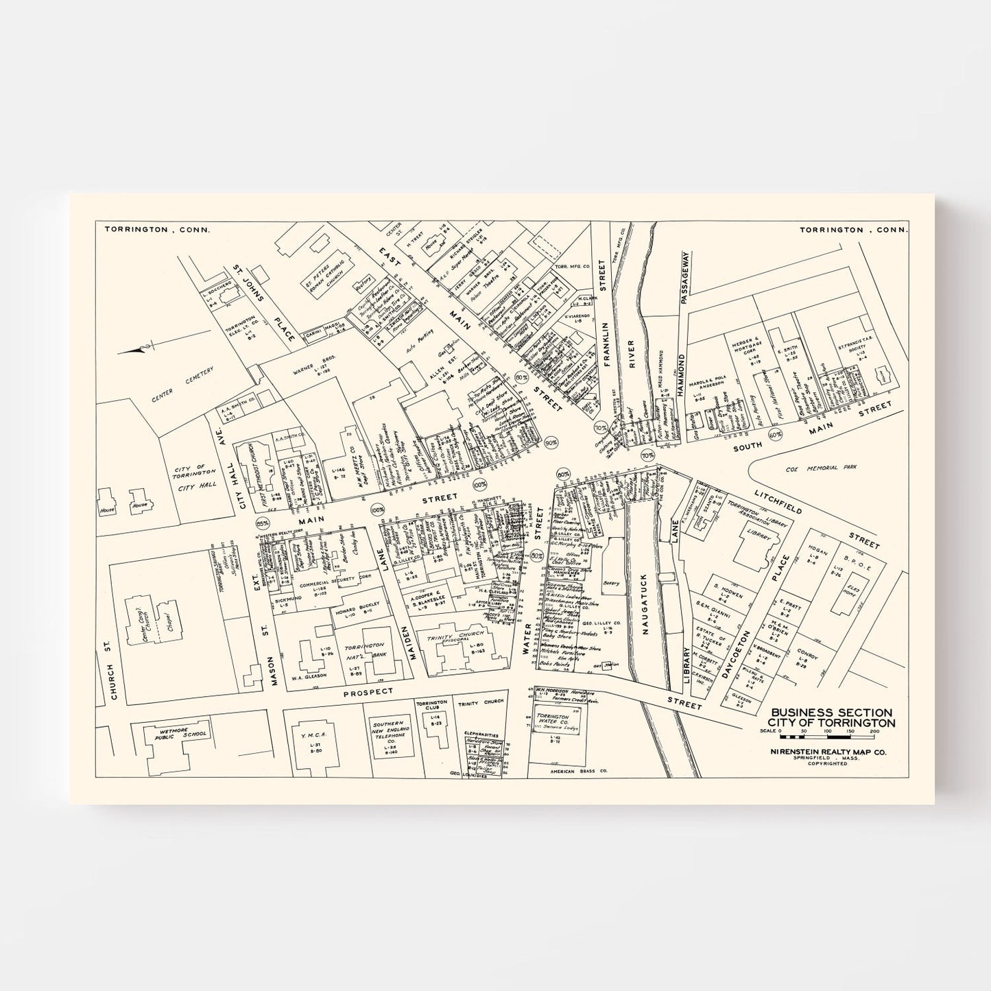 Vintage Map of Torrington, Connecticut Business Section, 1946