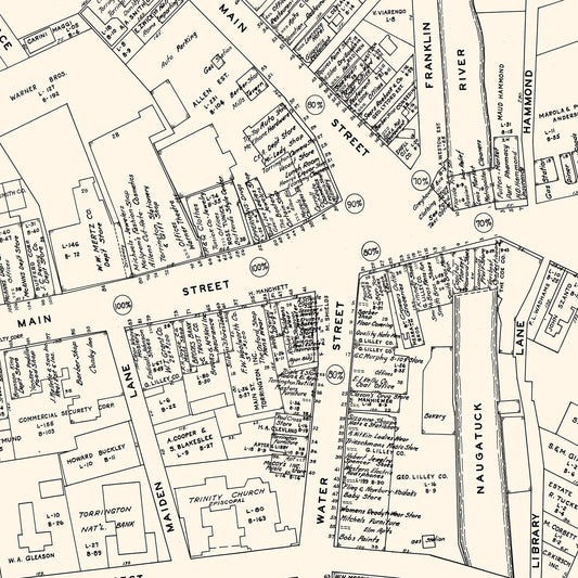 Vintage Map of Torrington, Connecticut Business Section, 1946