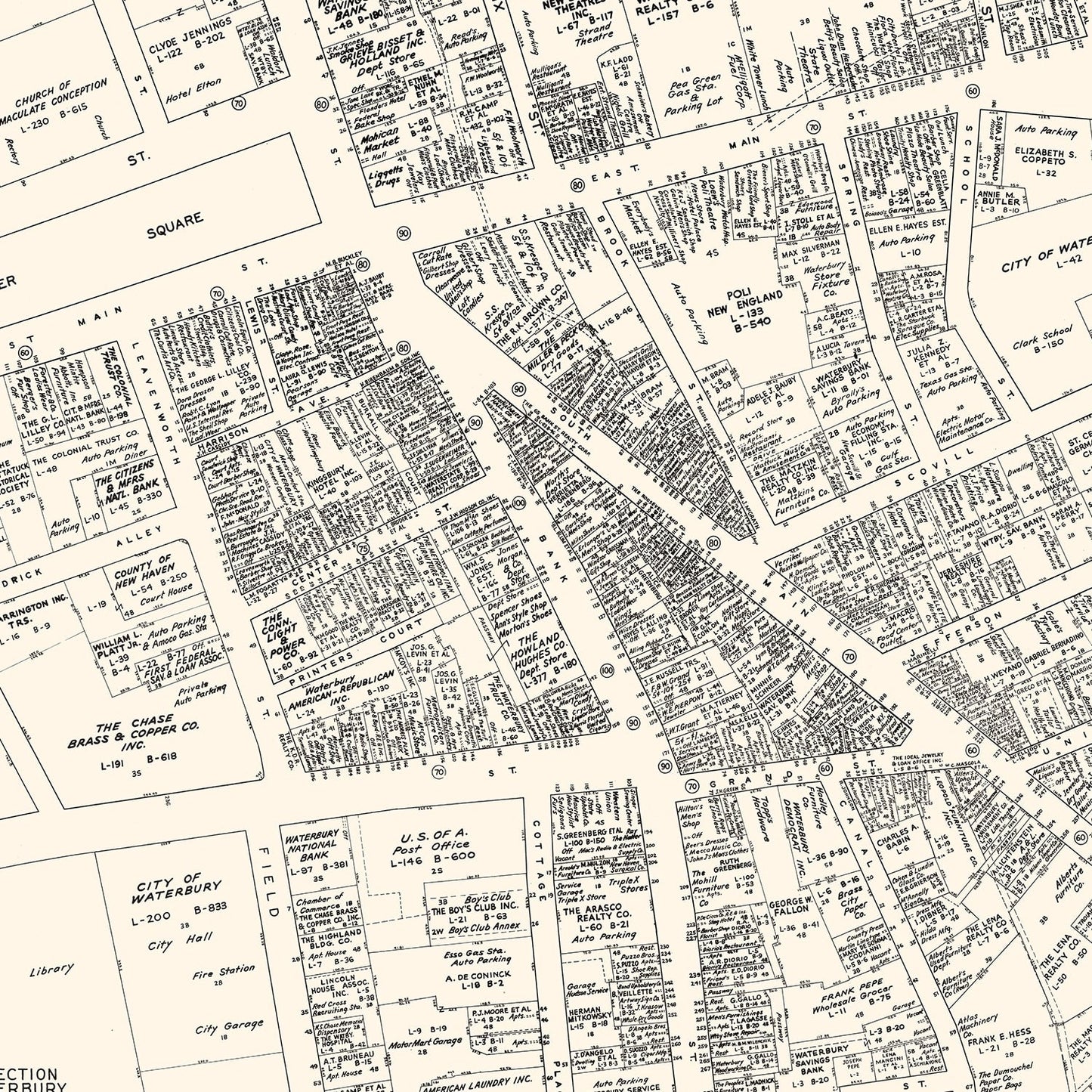 Vintage Map of Waterbury, CT Business Section 1946