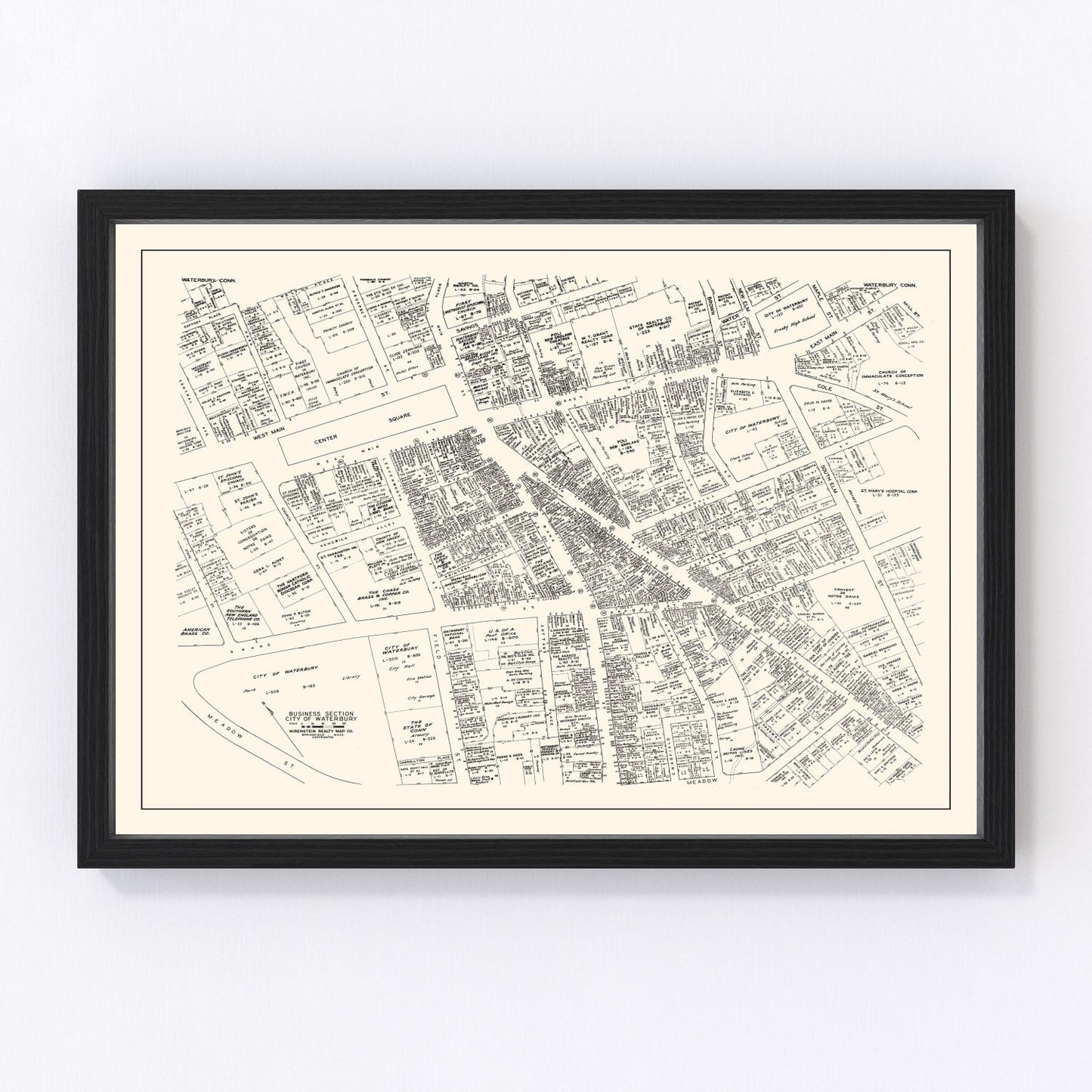Vintage map of Waterbury CT business section, 1946 - downtown restored print