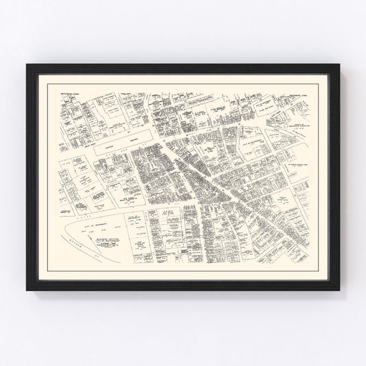 Vintage map of Waterbury CT business section, 1946 - downtown restored print