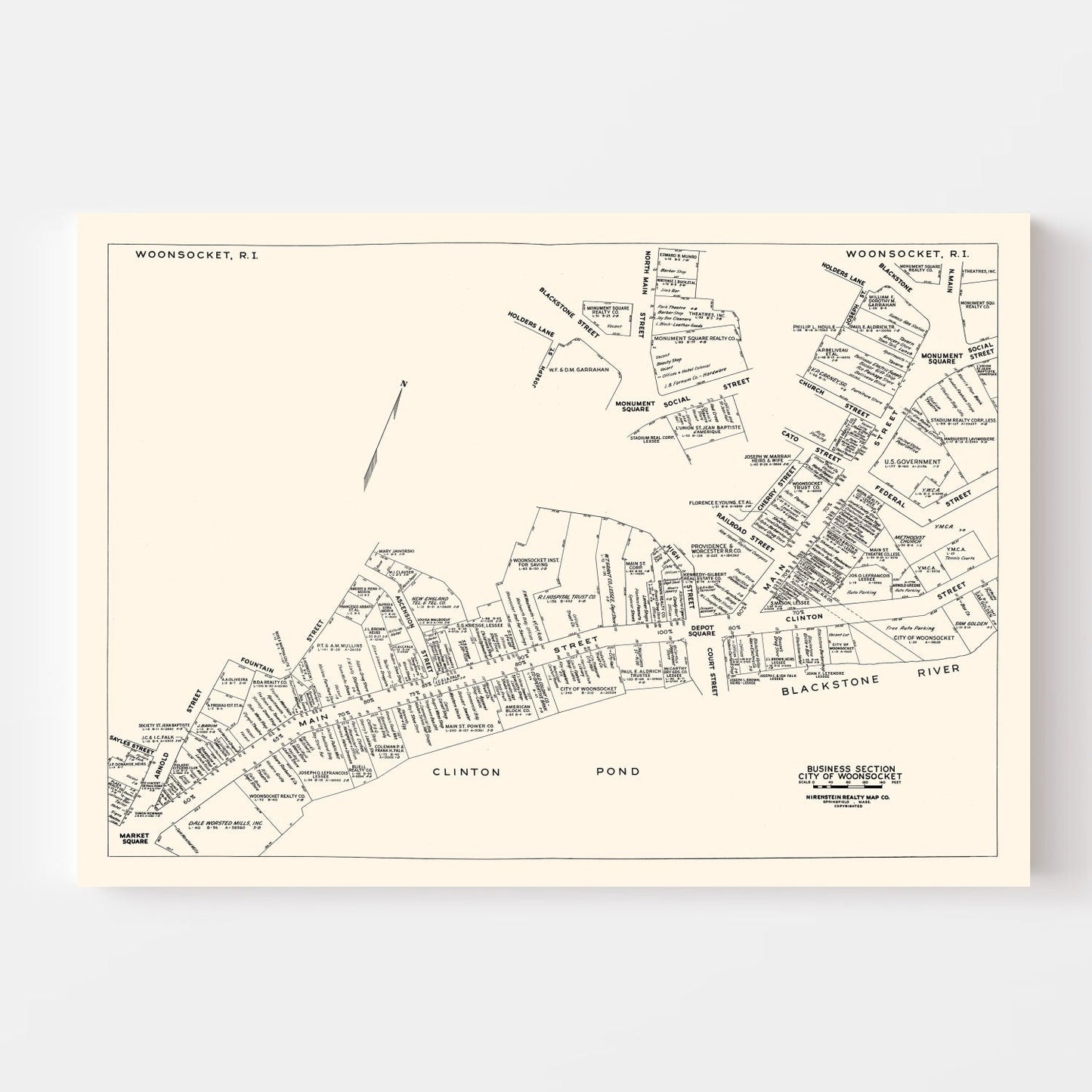 Vintage Map of Woonsocket, Rhode Island Business Section 1946