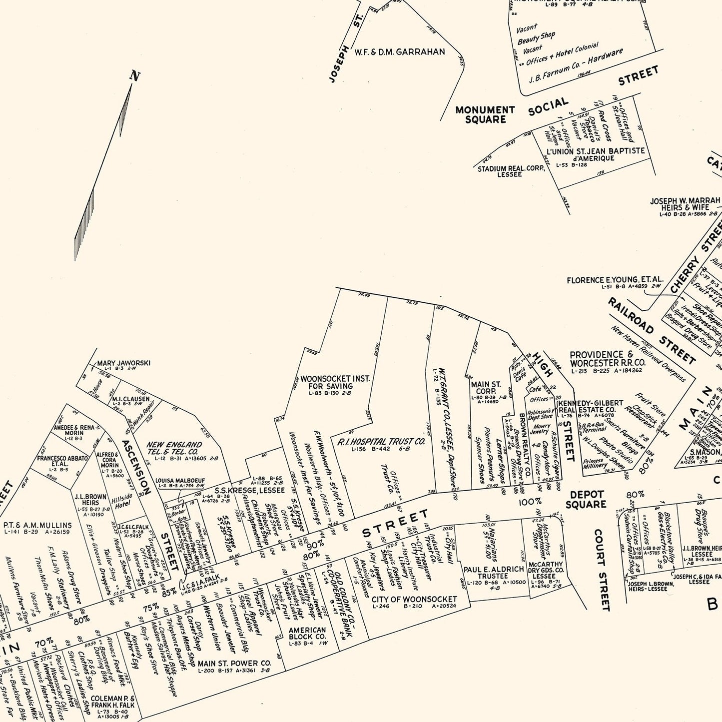 Vintage Map of Woonsocket, Rhode Island Business Section 1946