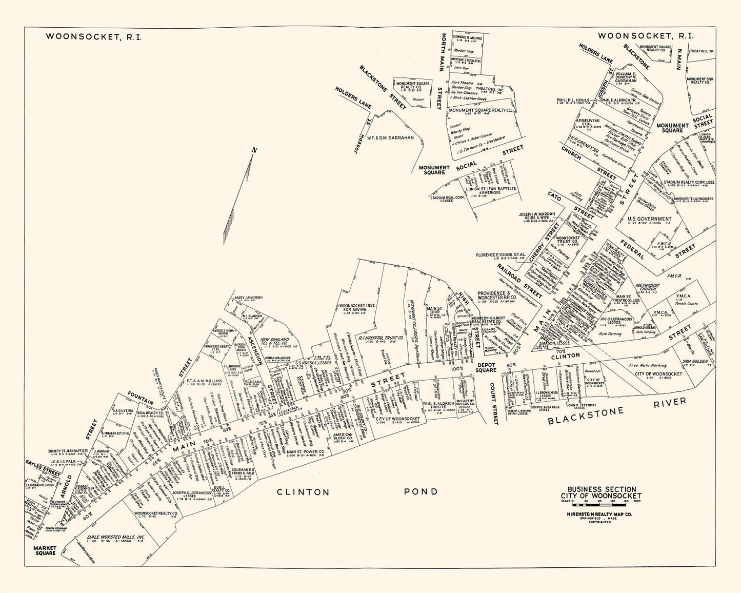 Vintage Map of Woonsocket, Rhode Island Business Section 1946