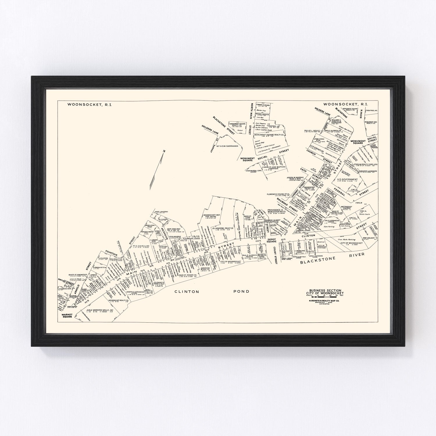 Vintage map of Woonsocket, Rhode Island business section, 1946, digitally restored