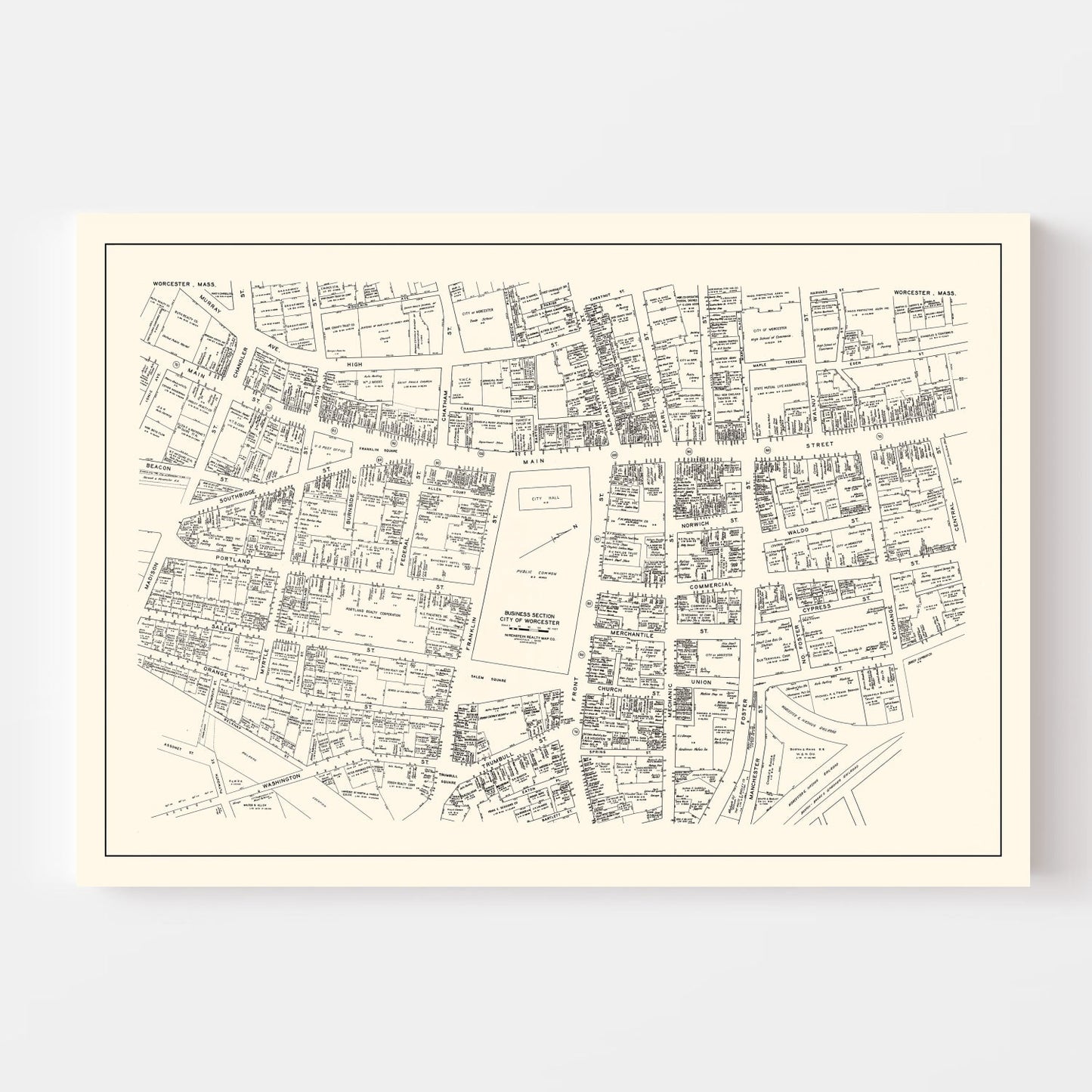 Vintage Map of Worcester, Massachusetts Business Section, 1946