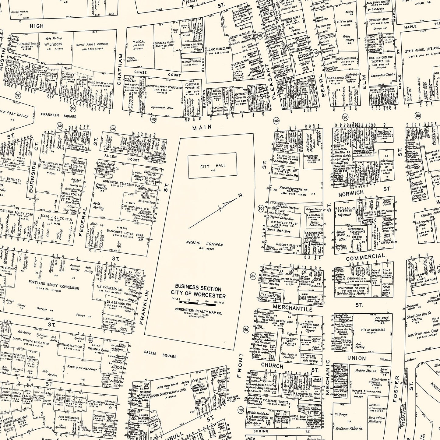 Vintage Map of Worcester, Massachusetts Business Section, 1946