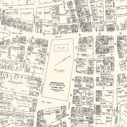 Vintage Map of Worcester, Massachusetts Business Section, 1946