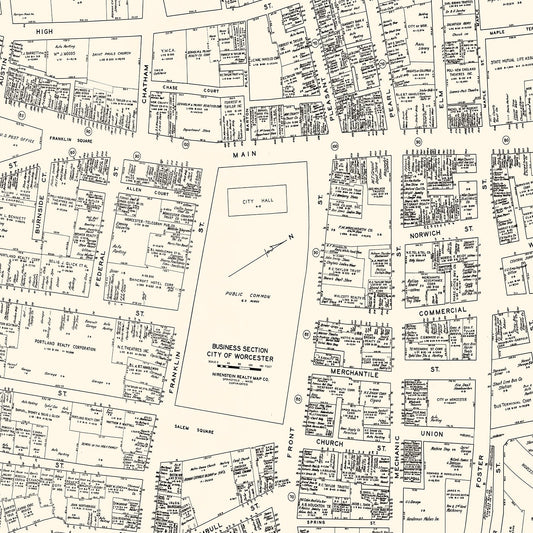 Vintage Map of Worcester, Massachusetts Business Section, 1946