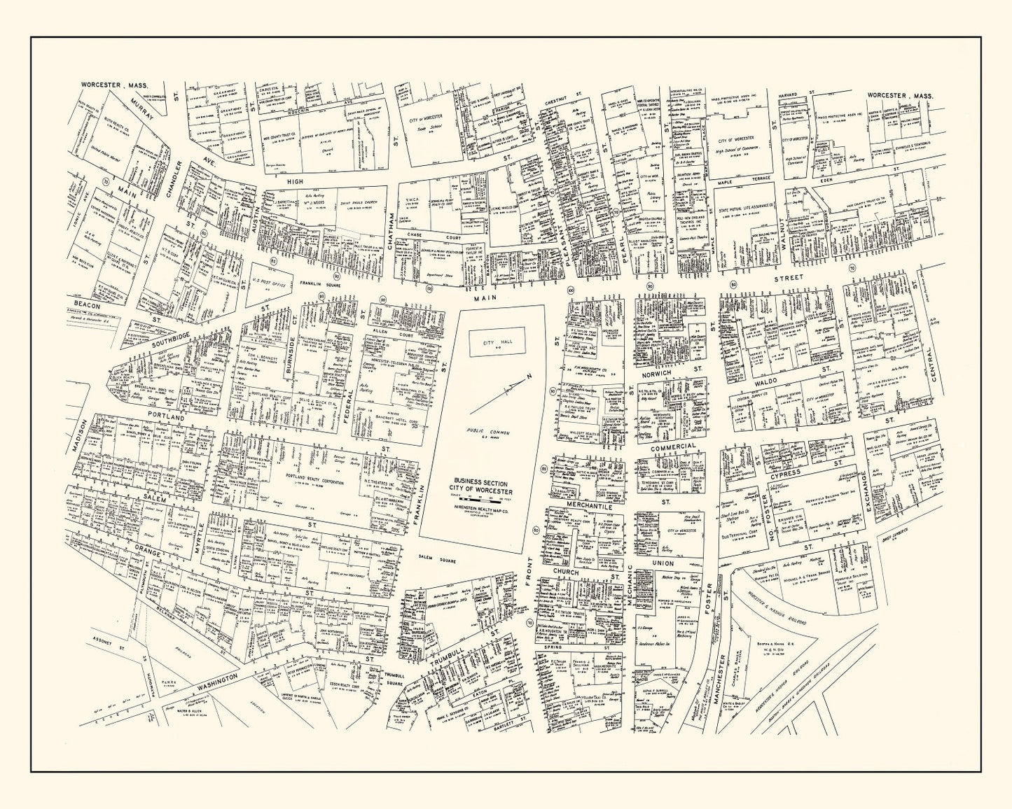 Vintage Map of Worcester, Massachusetts Business Section, 1946