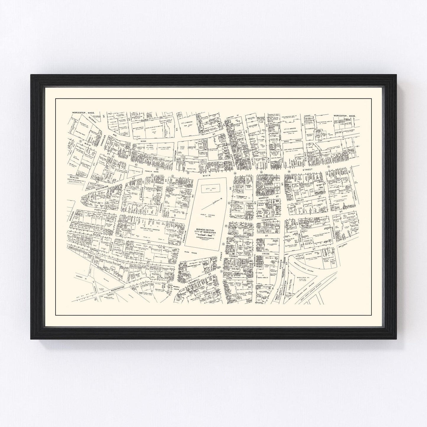 Vintage map of Worcester MA business section, 1946, digitally restored