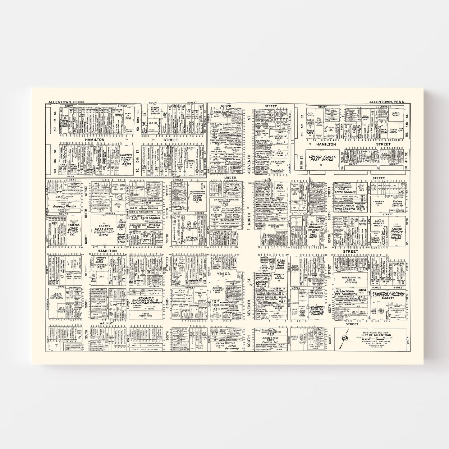 Vintage Map of Allentown, PA Business Section, 1950