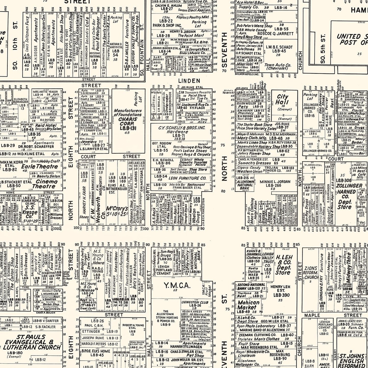 Vintage Map of Allentown, PA Business Section, 1950