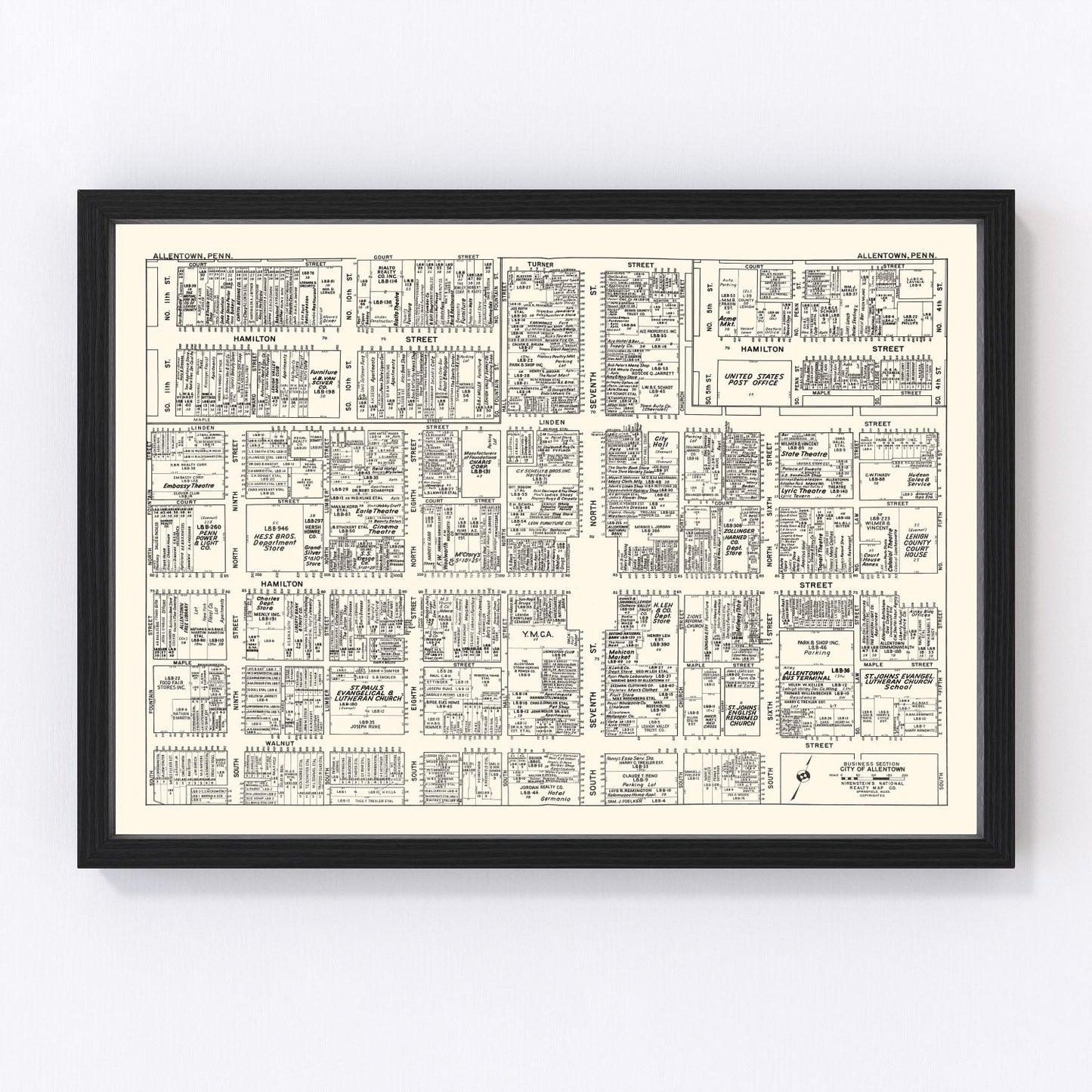 Vintage map of Allentown, PA business section, 1950 - restored print