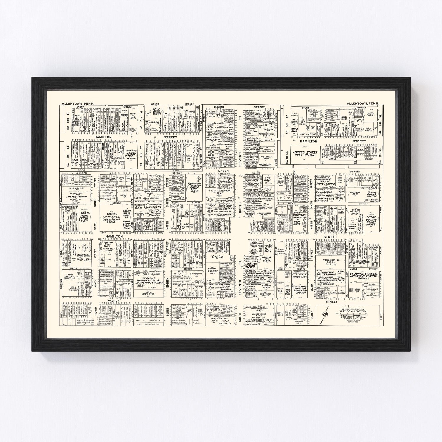 Vintage map of Allentown, PA business section, 1950 - restored print