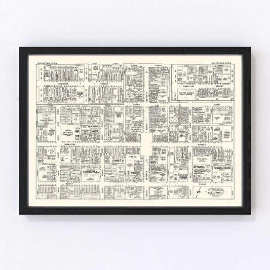 Vintage map of Allentown, PA business section, 1950 - restored print