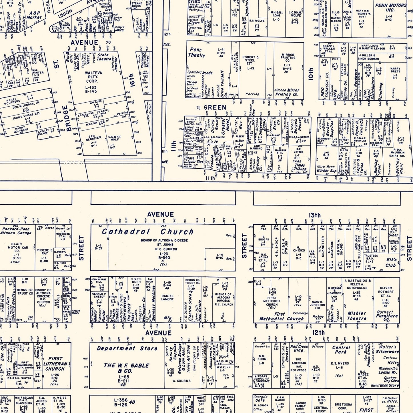 Vintage Map of Altoona, PA Business Section, 1950
