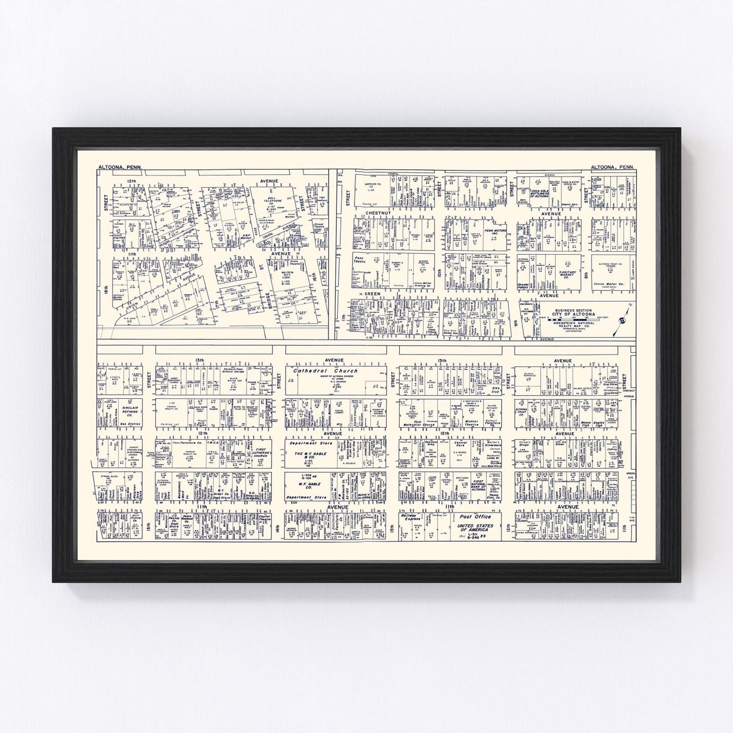 Vintage map of Altoona PA business section, 1950, Blair County
